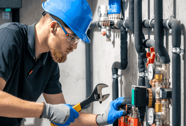 Professional plumber performing commercial plumbing repairs