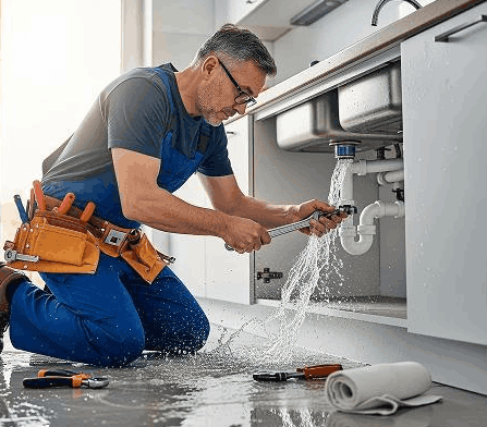 Emergency plumber repairing a leaking or burst pipe