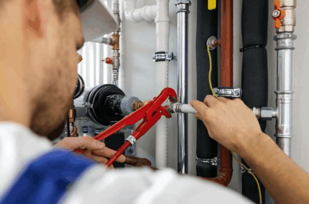 Professional plumber working on residential plumbing in a bathroom