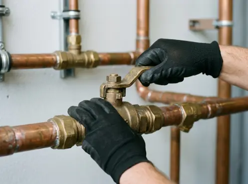 Technician inspecting commercial water valve assembly during routine plumbing check