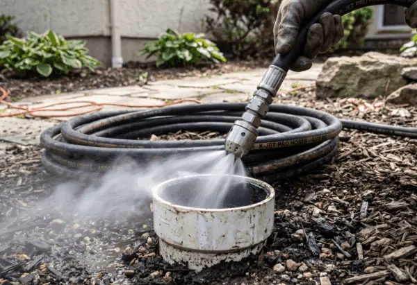 Industrial high pressure hydro jetting nozzle flushing heavy scale and grease out of a sewer pipe
