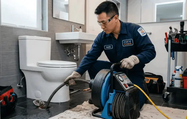 Licensed technician operating an electric motorized drain snake machine to clear residential pipe obstruction