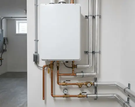 Modern wall mounted tankless water heater installed with copper piping in utility room