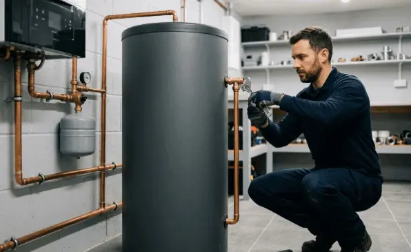 Plumber inspecting copper pipe connections on a residential hot water heater tank